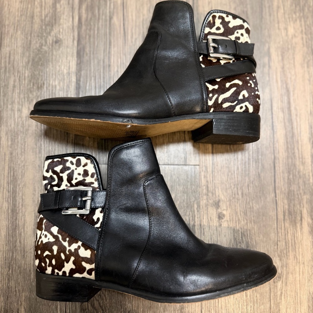 Michael Kors Salem Black Leather Leopard Haircalf Panel Buckle Ankle Booties 6.5 - Picture 6 of 17